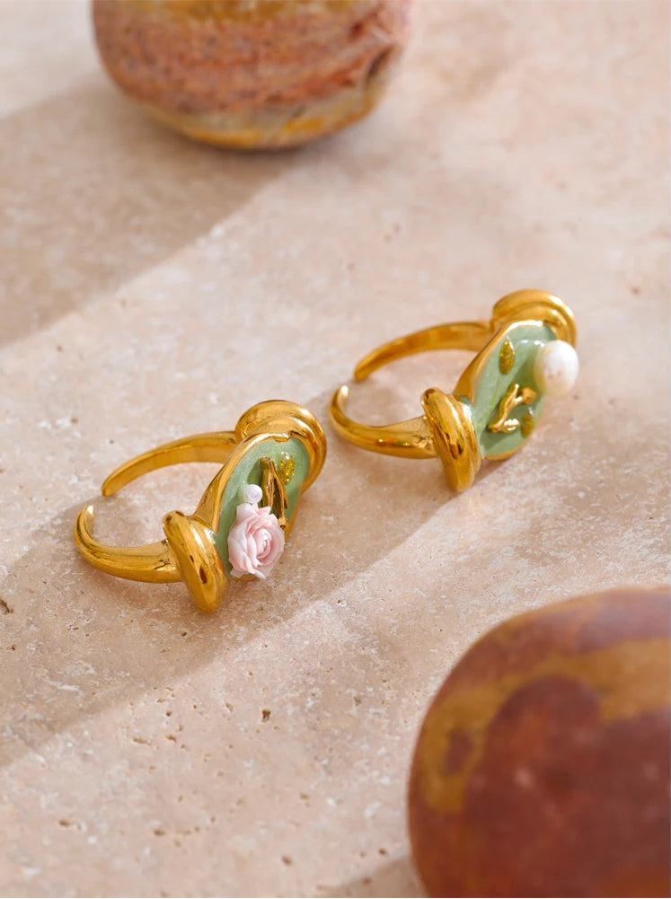Elegant Green Enamel Pearl Ring
