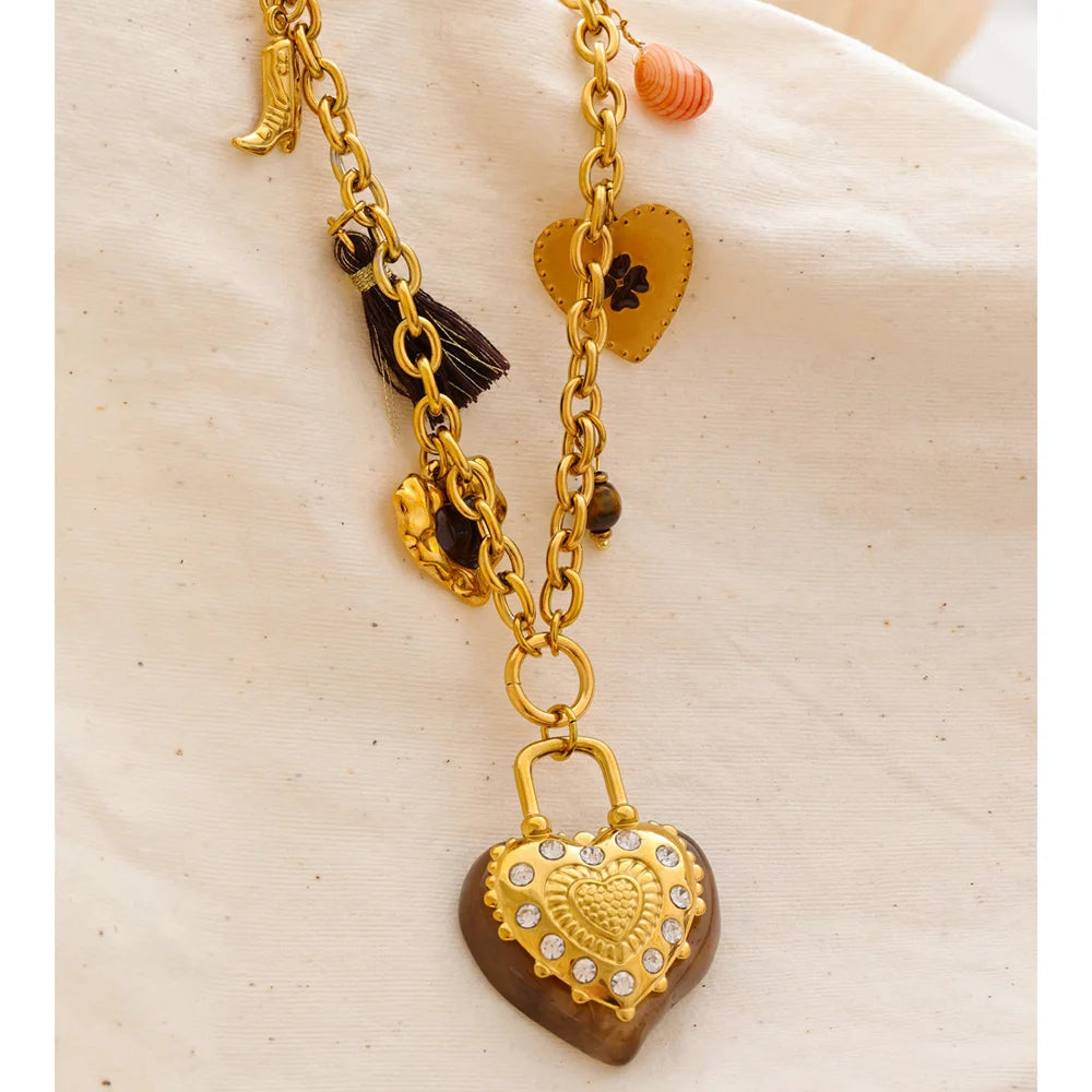 Resin Flower Heart Long Charm Necklace