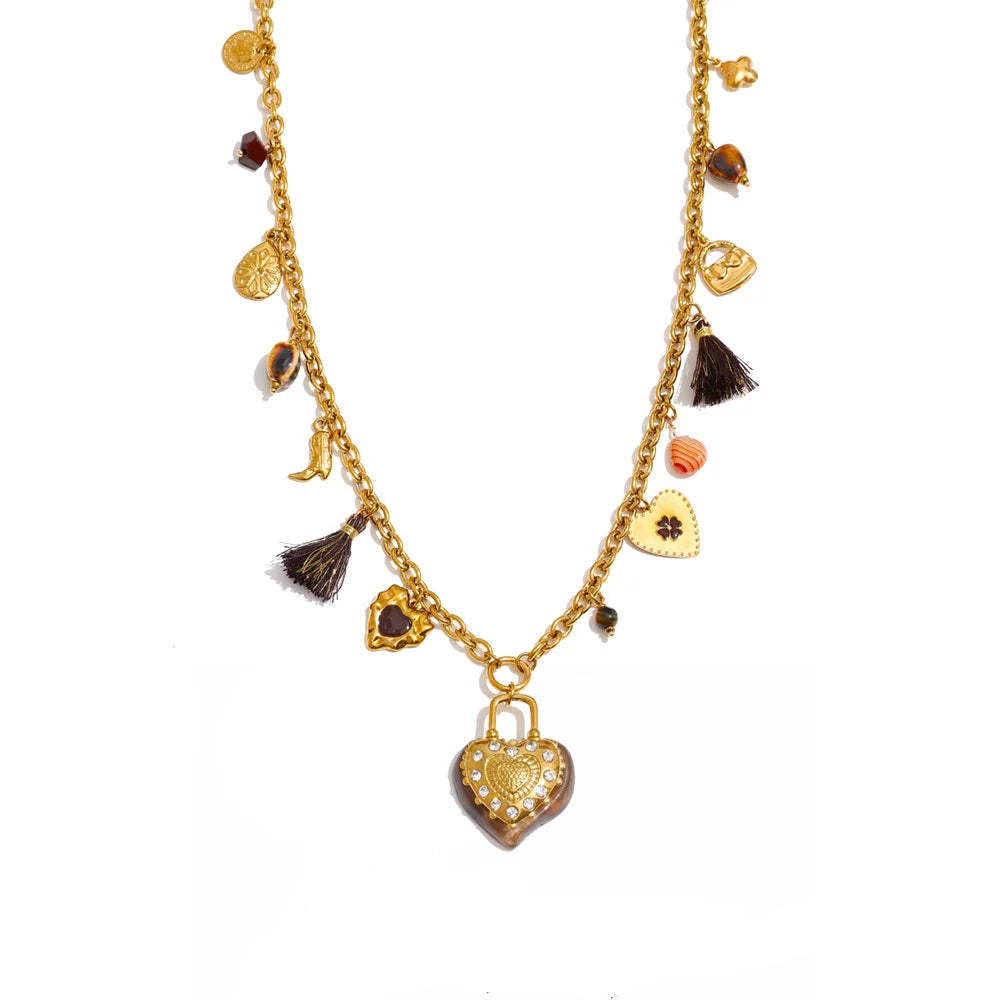 Resin Flower Heart Long Charm Necklace