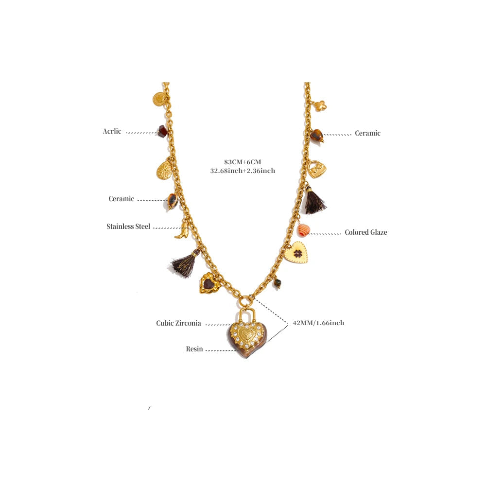 Resin Flower Heart Long Charm Necklace