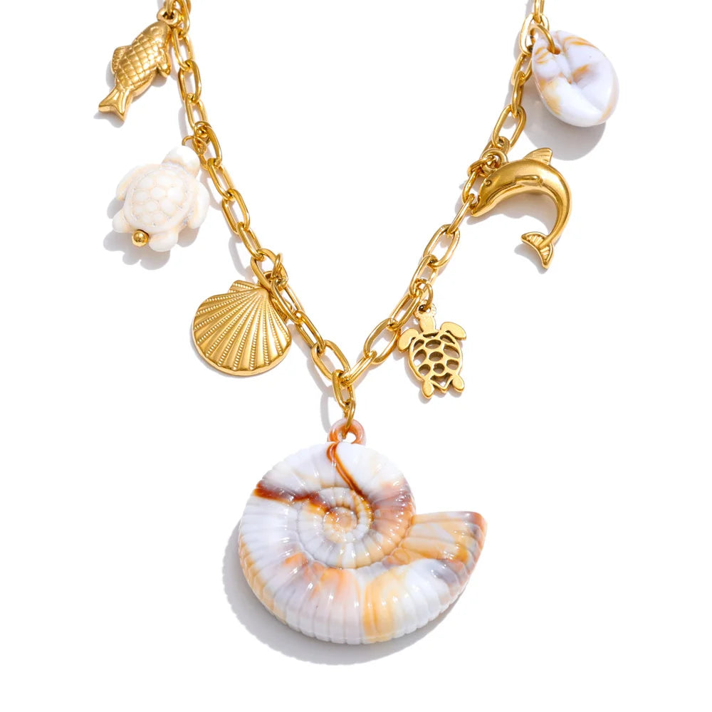 Golden Ocean Shell Dolphin Necklace