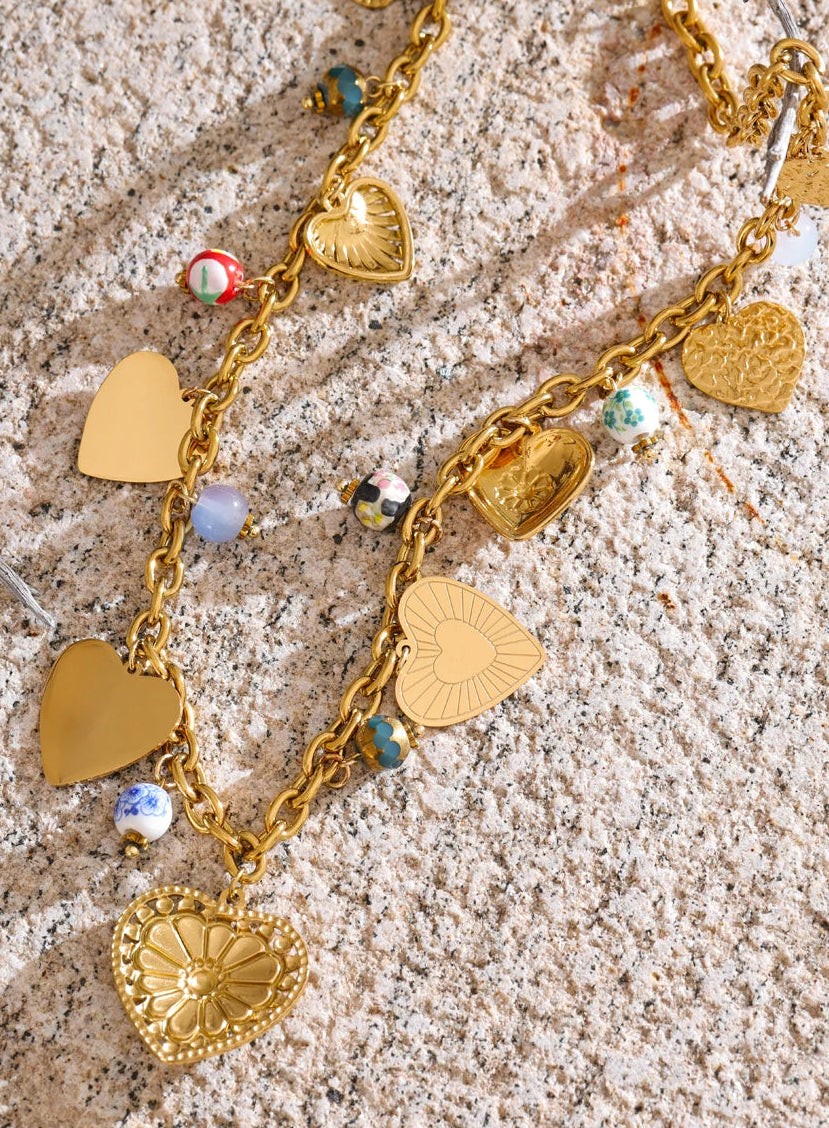 Exquisite Gold Heart Drop Charm Necklace