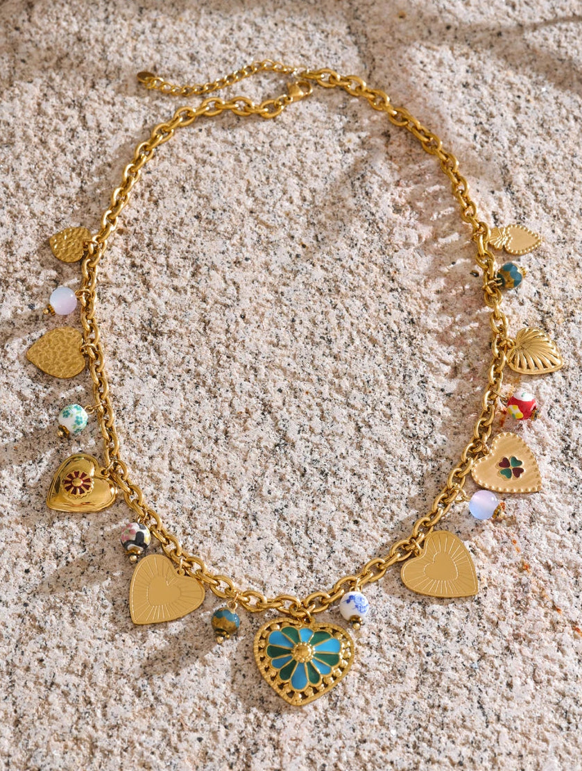 Exquisite Gold Heart Drop Charm Necklace
