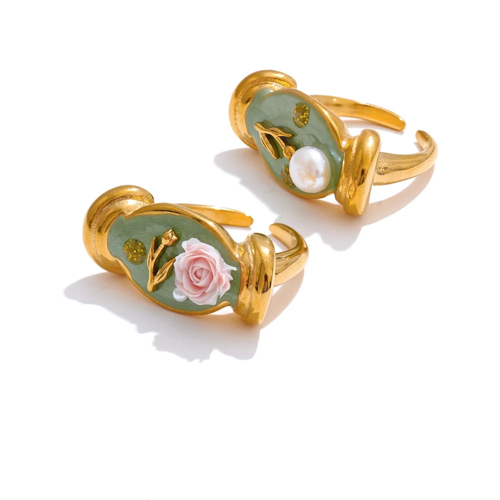 Elegant Green Enamel Pearl Ring