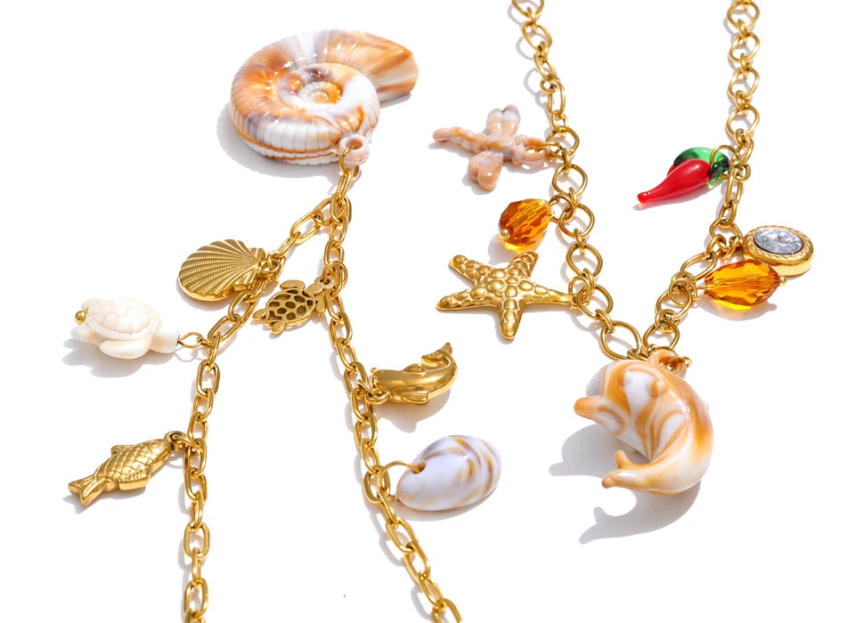Golden Ocean Shell Dolphin Necklace