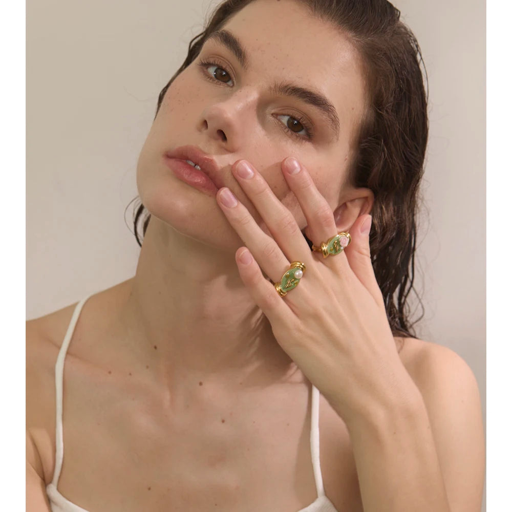 Elegant Green Enamel Pearl Ring