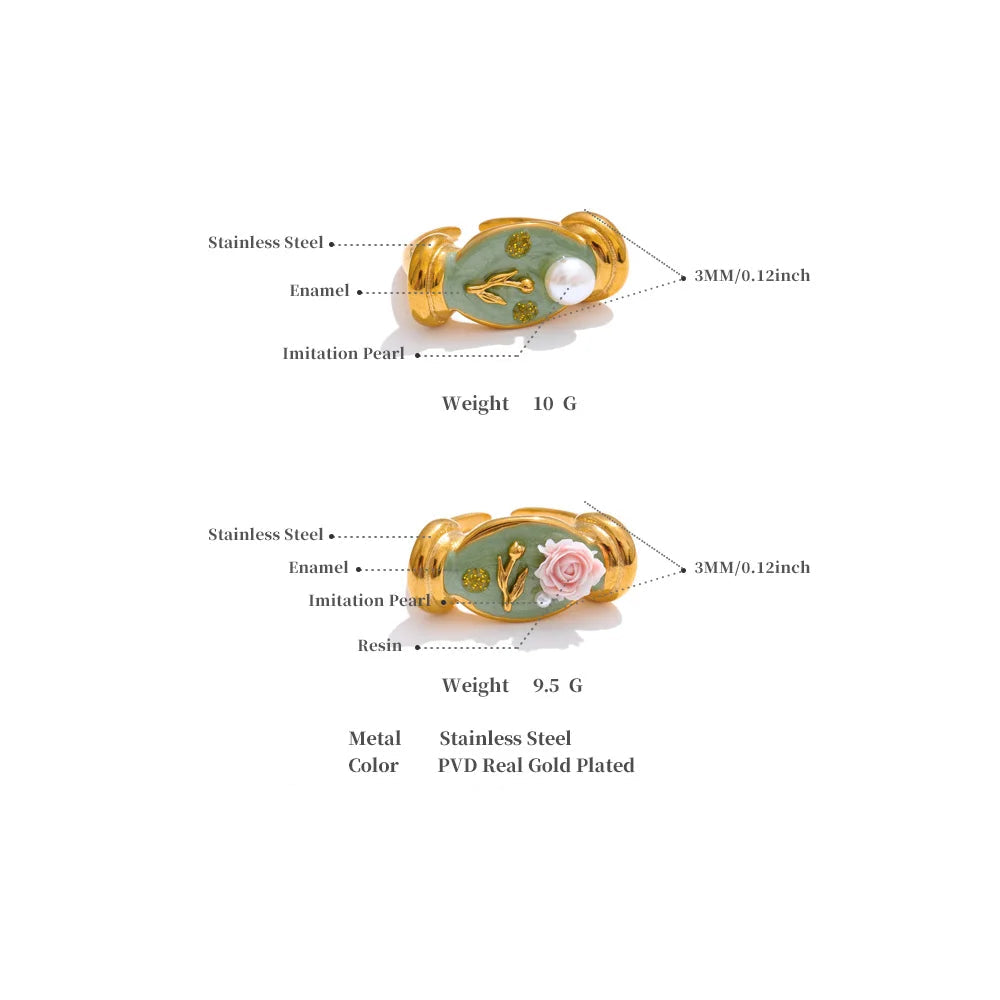 Elegant Green Enamel Pearl Ring