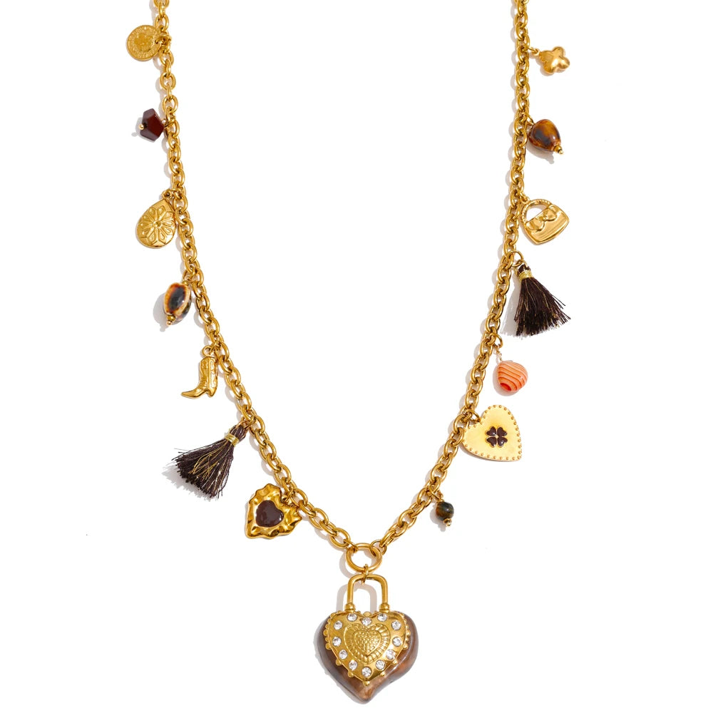 Resin Flower Heart Long Charm Necklace