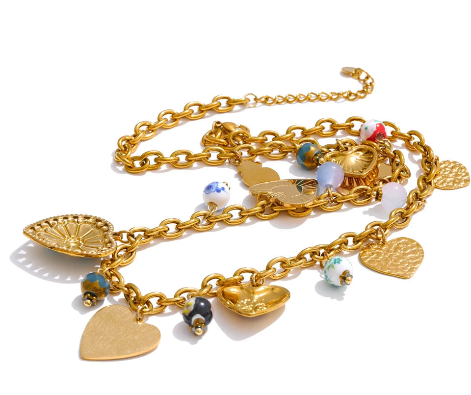 Exquisite Gold Heart Drop Charm Necklace
