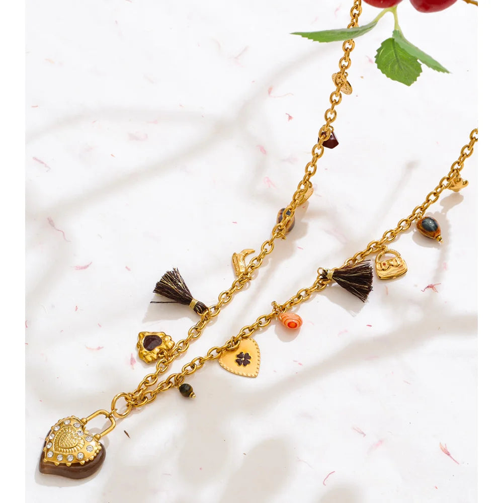 Resin Flower Heart Long Charm Necklace