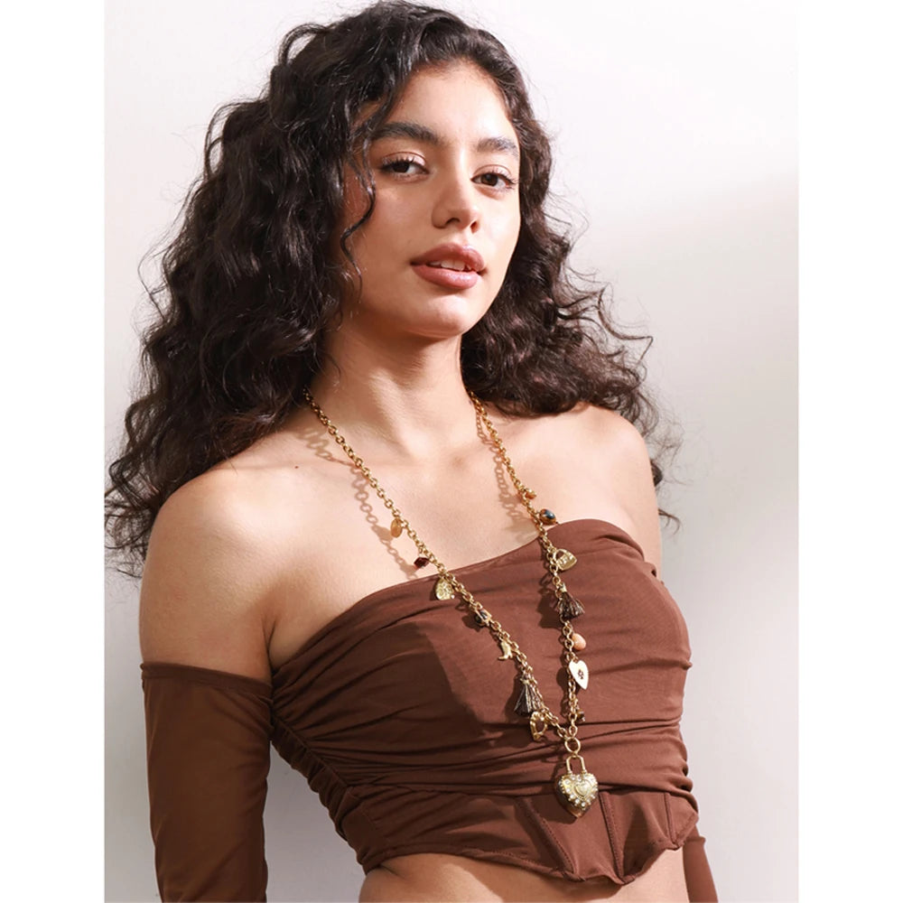 Resin Flower Heart Long Charm Necklace
