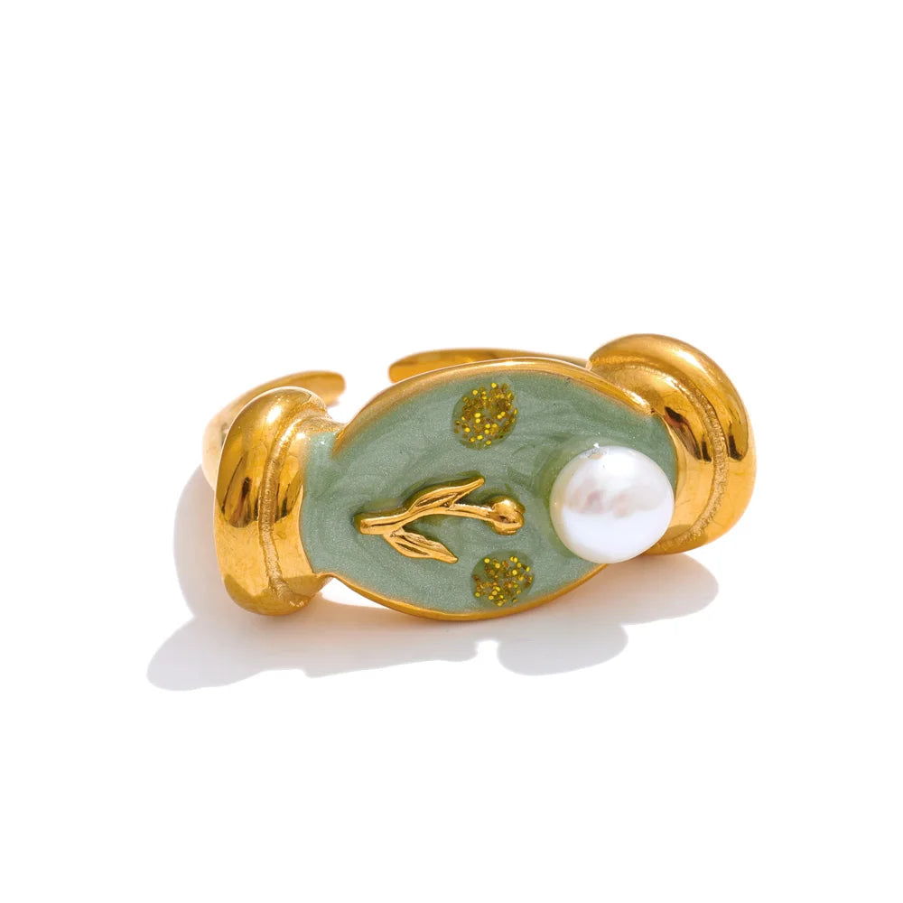 Elegant Green Enamel Pearl Ring