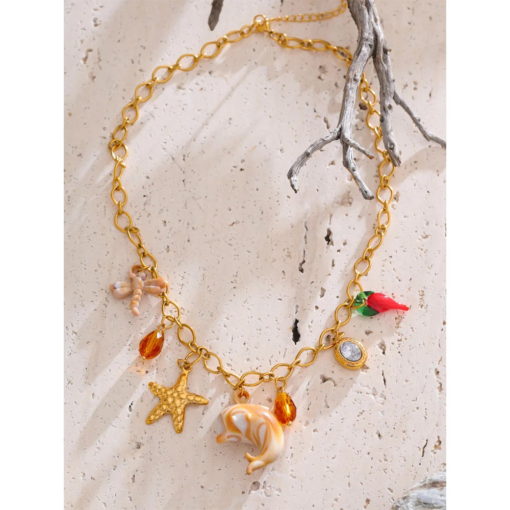 Golden Ocean Shell Dolphin Necklace