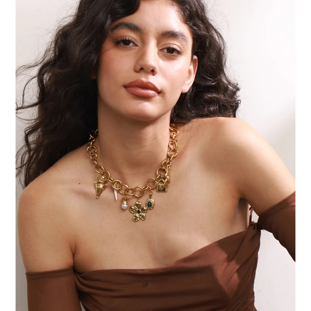 Golden Vintage Flower Drop Necklace