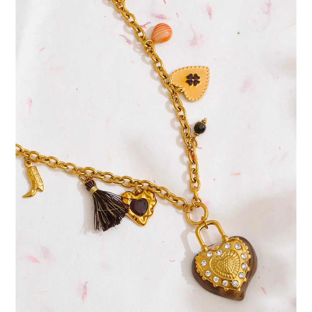 Resin Flower Heart Long Charm Necklace