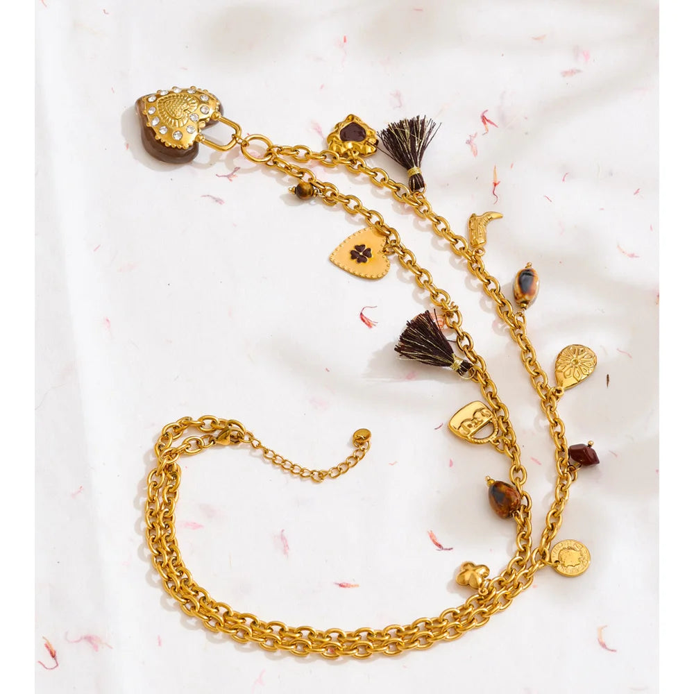 Resin Flower Heart Long Charm Necklace