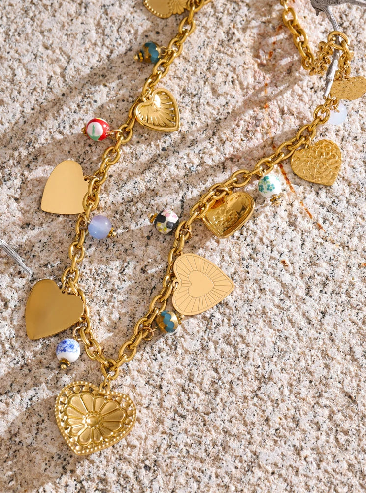 Exquisite Gold Heart Drop Charm Necklace