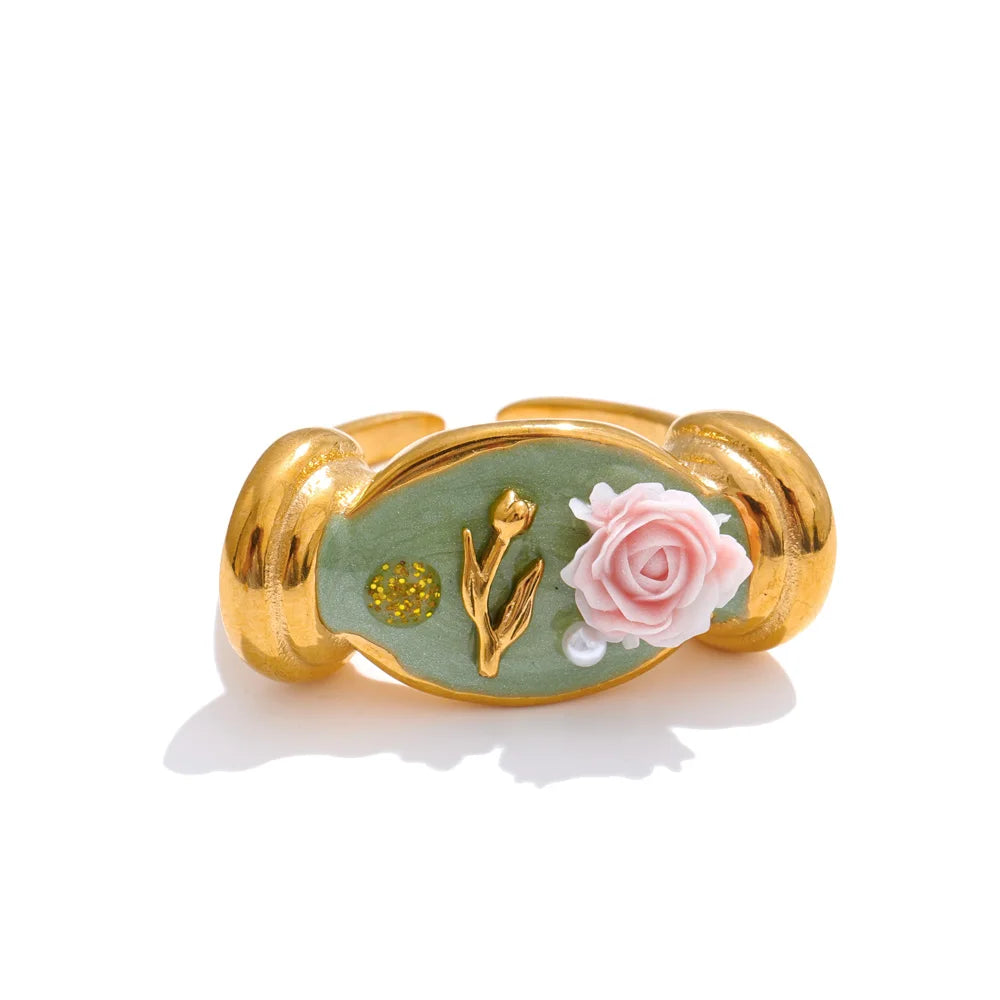 Elegant Green Enamel Pearl Ring