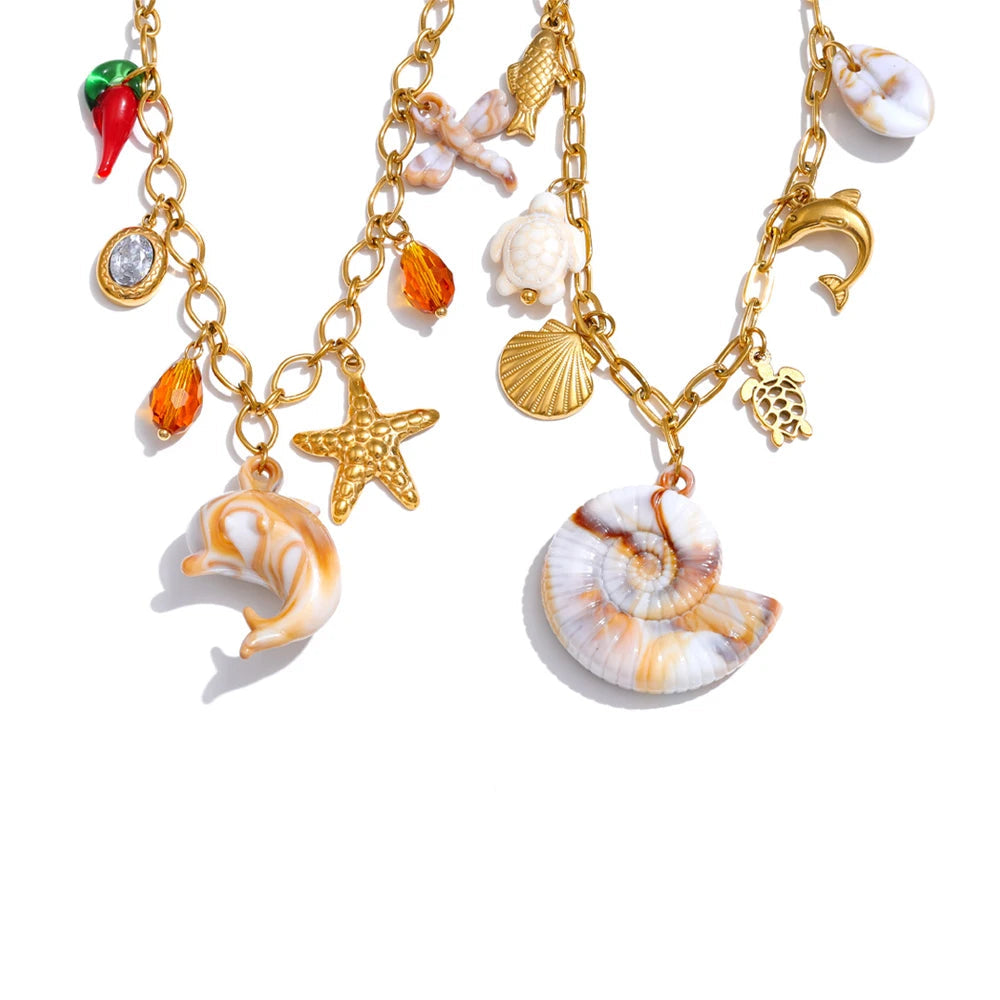 Golden Ocean Shell Dolphin Necklace